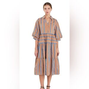 English Factory Striped Collared Midi Dress With Pickets Size S